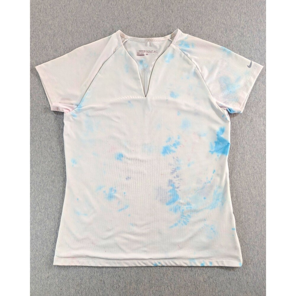 Nike Golf Dri-FIT Women's Polo Shirt L White/Blue Tie-Dye V-Neck Logo Golf